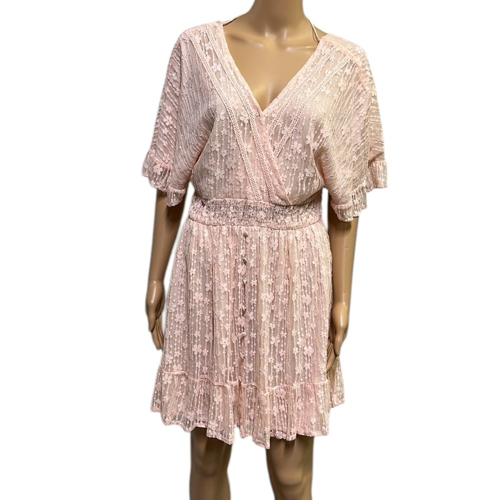 Anthropologie Coco+Jaimeson Peach Linear Lace Wrap Front Dress Womens Medium